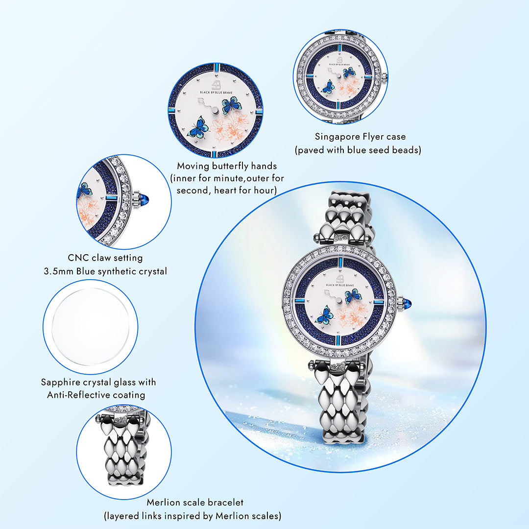 Butterfly Lovers 34mm Blue Dial Moving Butterfly Hands Silver Bracelet Watch - BLACK BY BLUE BRAVE