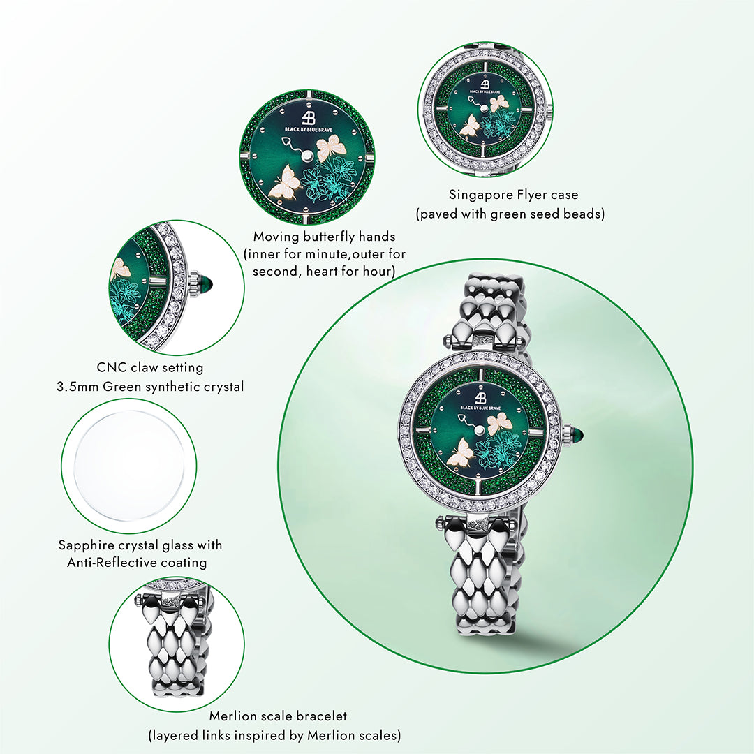 Butterfly Lovers 34mm Green Dial Moving Butterfly Hands Silver Bracelet Watch - BLACK BY BLUE BRAVE