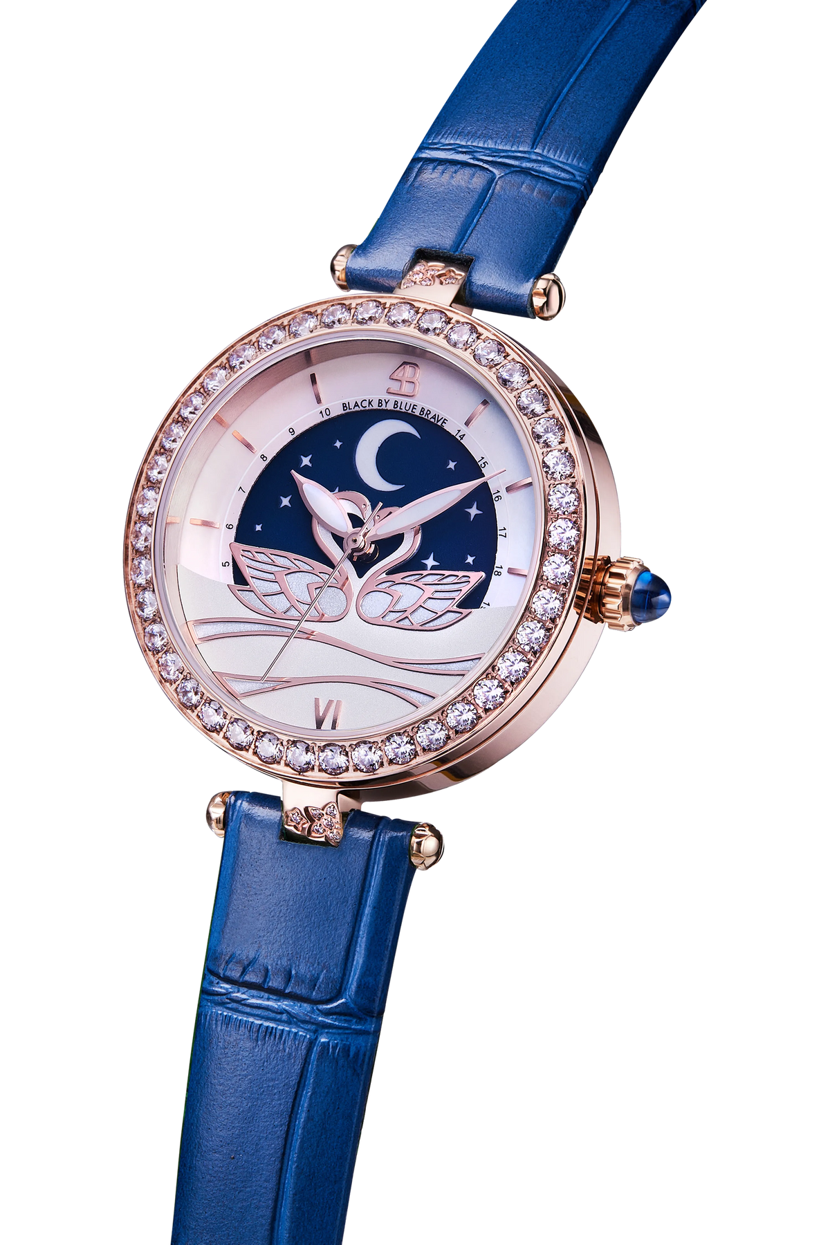 Schwanen-Liebhaber Roségold-Uhr mit blauer Mondphasenanzeige und Lederarmband