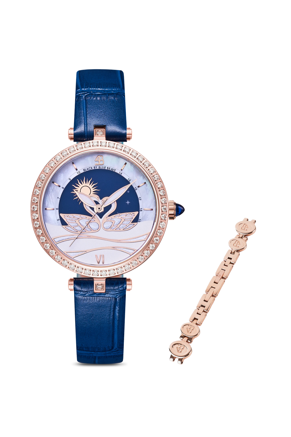Swan Lovers Blue Watch Rose Gold Bracelet Set