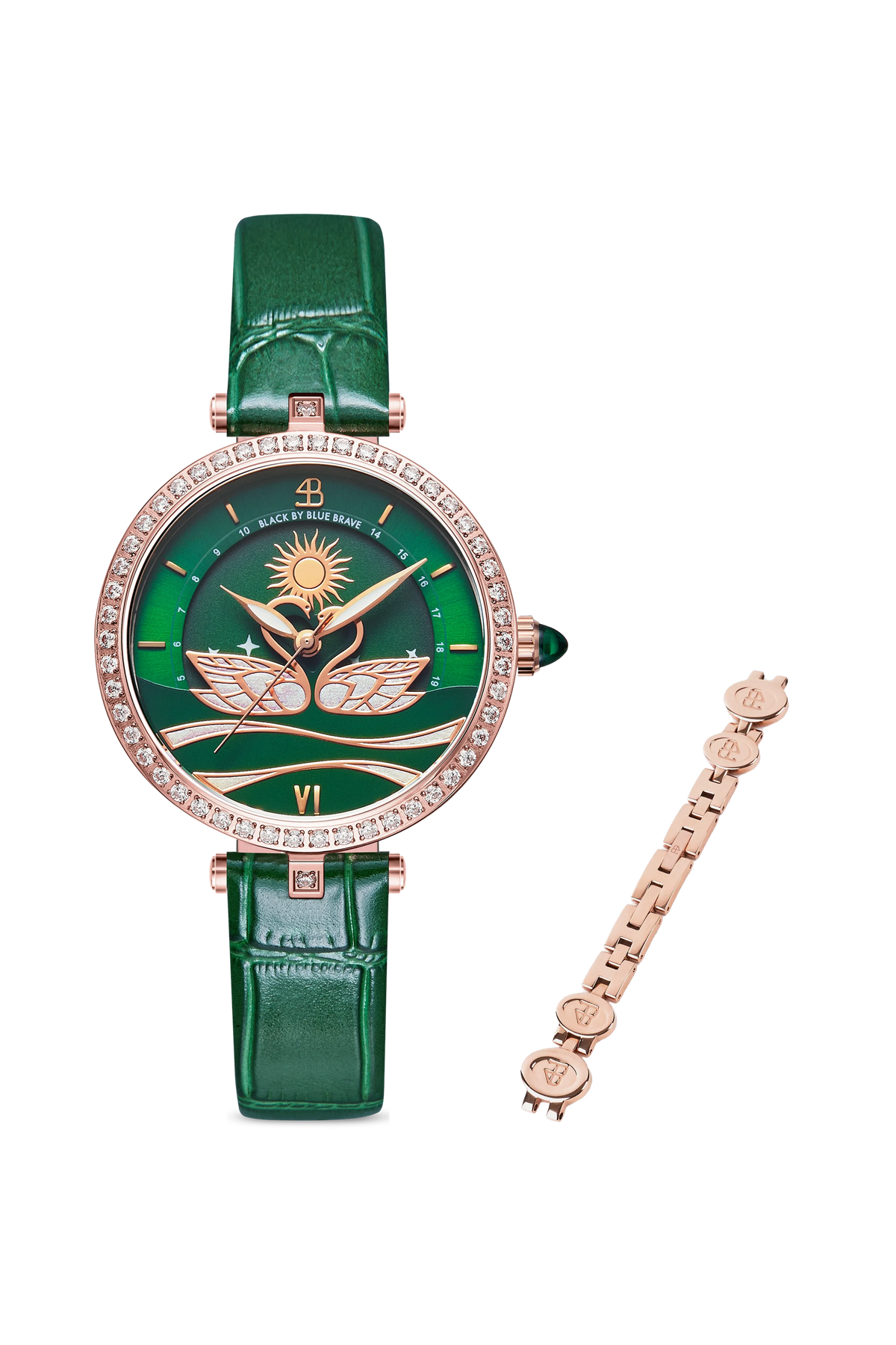 Swan Lovers Green Watch Rose Gold Bracelet Set