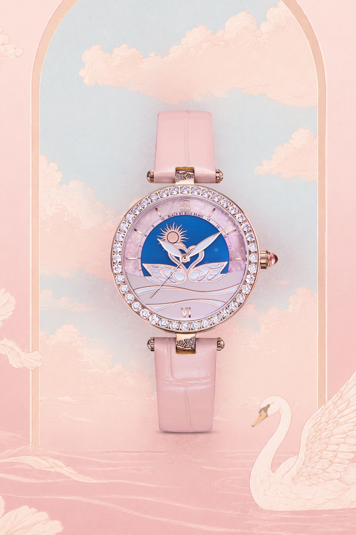 Swan Lovers Roségold Pink Mondphasen Zifferblatt Leder Armbanduhr