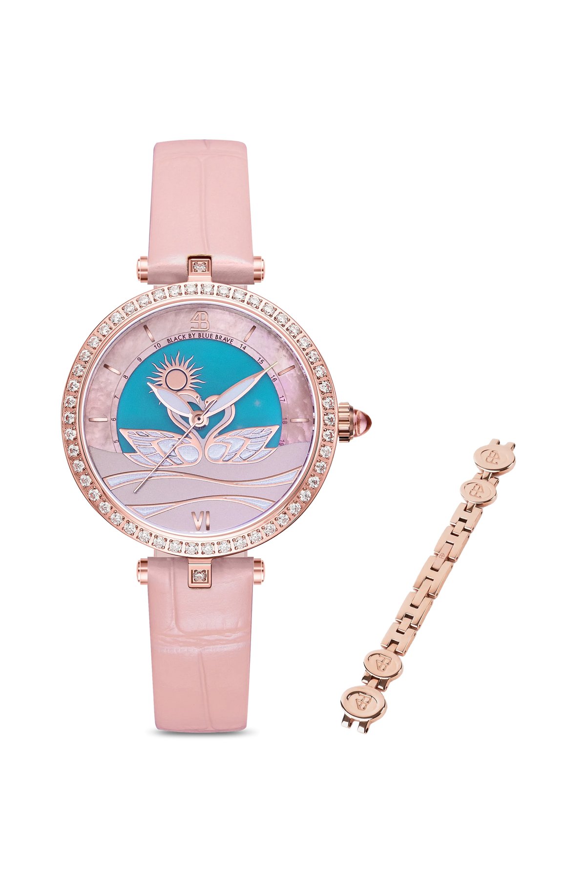 Swan Lovers Pink Watch Rose Gold Bracelet Set