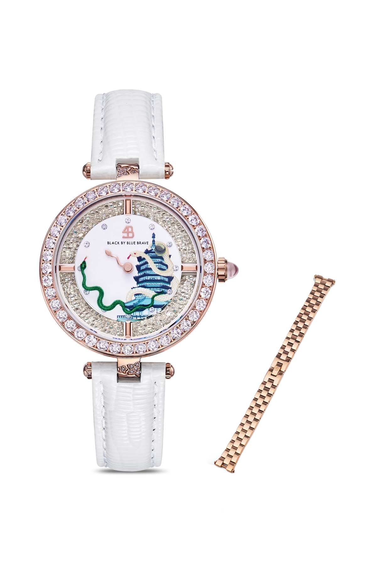 White Snake Watch With Rose Gold 3-Link Bracelet Strap - BLACK BY BLUE BRAVE