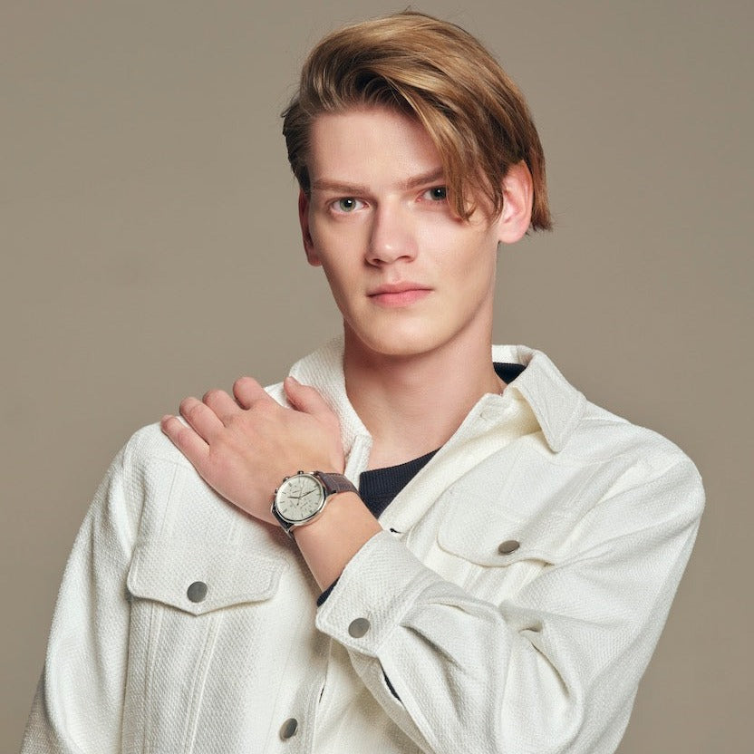 Classic 1986 42mm Chronograph Ivory White Dial Grey Leather Strap Watch - 4B2212 - Model wearing - Black By Blue Brave
