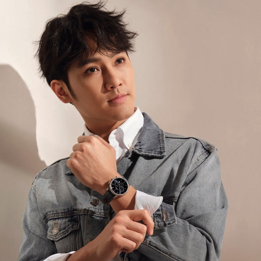 Classic 1986 42mm Chronograph Blue Dial Leather Strap Watch - 4B2213 - Model wearing - Black By Blue Brave
