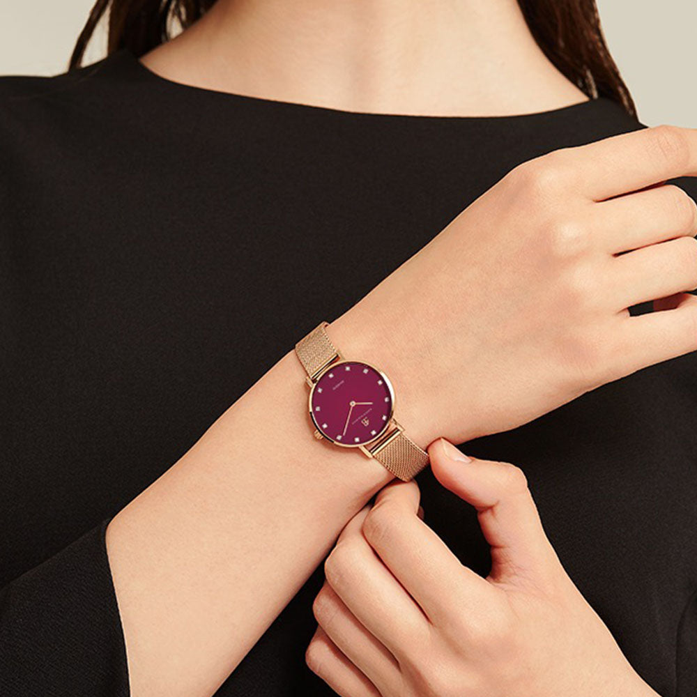 Diamond in the Hand 28mm Ruby Red Enamel Dial Genuine Diamond Markers Rosegold Meshband Watch - 4B0924Z - wrist - Black By Blue Brave